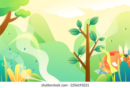 Arbor day people are planting trees with flowers and trees in the background, vector illustration