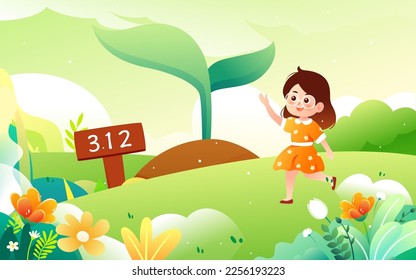 Arbor day people are planting trees with flowers and trees in the background, vector illustration