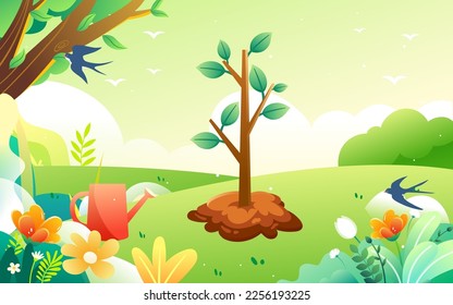 Arbor day people are planting trees with flowers and trees in the background, vector illustration