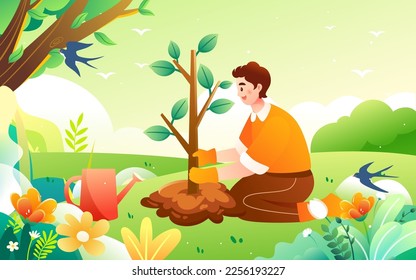 Arbor day people are planting trees with flowers and trees in the background, vector illustration