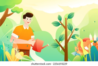 Arbor day people are planting trees with flowers and trees in the background, vector illustration