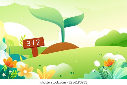 Arbor day people are planting trees with flowers and trees in the background, vector illustration