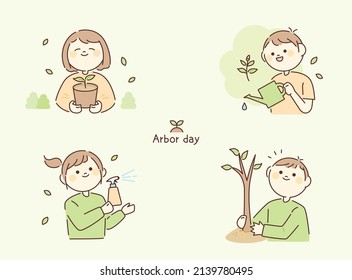 Arbor Day. People Are Taking Care Of Plants. Circle Face Character. Outline Simple Vector Illustration.