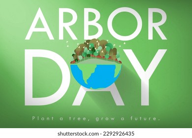 Arbor Day. Plant a tree, grow a future. Arbor Day Greeting Card Poster with planet icon and forest full of trees and birds on green background. Vector Illustration. EPS 10. 
