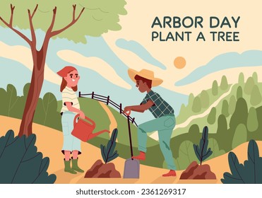 Arbor day poster. Children plant tree and water plant together. Banner with nature and characters lead sustainable lifestyle and care about ecology of planet. Cartoon flat vector illustration