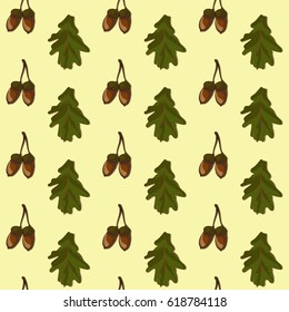Arbor Day seamless vector pattern with oak-tree leaves and acorns on background