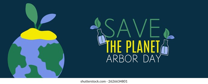 Arbor Day template. Save trees illustration vector graphic with tree, leaves, earth, planet. Symbols of gardening on dark background. Flat editable collection for poster, banner and cover.