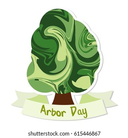 Arbor day. A tree with a marbled texture of foliage and a ribbon with an inscription. Vector illustration isolated on white background