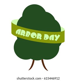 Arbor day. A tree wrapped in a ribbon with an inscription. Vector illustration isolated on white background