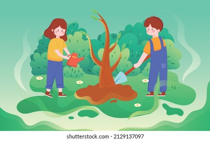 Arbor day two children are planting a tree with plants in the background, vector illustration