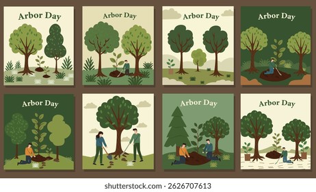 Arbor Day Vector Illustration Set | People Planting Trees Graphics | Flat Design Environmental Cards