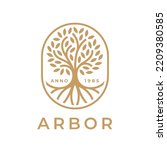 Arbor tree of life logo. Natural product plant growth icon. Botanical wellness spa sign. Eco nature garden emblem. Premium oak tree roots symbol. Vector illustration.