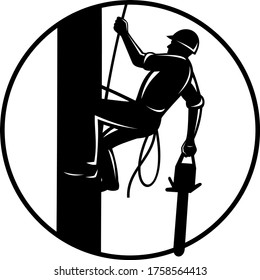 Arborist With Chainsaw Climbing Tree Circle Retro Woodcut Black and White