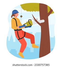 Arborist with chainsaw cutting city park tree vector illustration. Cartoon woman industrial climber in helmet and safety belt holding equipment to cut wood, professional tree surgeon hanging on rope