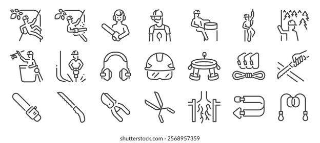 Arborist icon set. It included contexts such as cutting, plant, tree, career, specialist and more. Editable Vector Stroke.