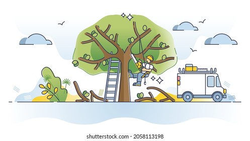 Arborist as professional tree cutting or pruning occupation outline concept. Forest trimming service to cut or saw trees with chainsaw vector illustration. Man hanging in harness attached to branch.