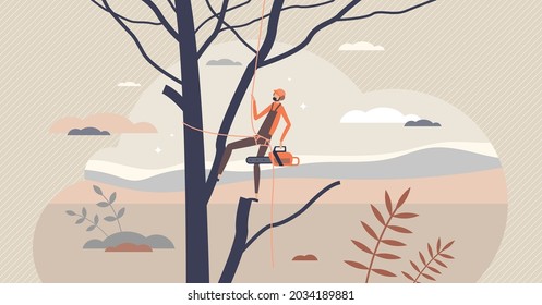 Arborist as professional tree cutting work occupation tiny person concept. Pruning service for forest trimming job vector illustration. Lumberjack with chainsaw equipment. Worker climb up with ropes.