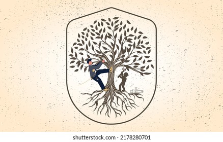 Arborist as professional tree cutting work occupation tiny person concept. Pruning service for forest trimming job vector illustration. Lumberjack with chainsaw equipment. Worker climb up with ropes.