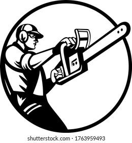 Arborist Or Tree Surgeon Holding Chainsaw Side View Circle Retro Black And White