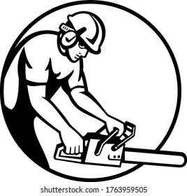 Arborist Tree Surgeon Lumberjack With Chainsaw Circle Retro Black And White