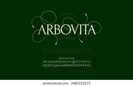 Arbovita premium luxury elegant alphabet letters and numbers. Vintage wedding typography classic serif font decorative vintage retro. creative vector illustration