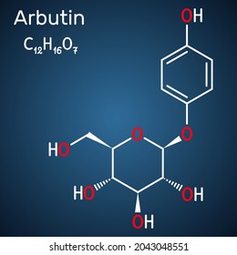 Arbutin, ursin, arbutoside, glycoside molecule. It is found in plants, preparations from them are used in medicine for diseases of bladder as antiseptic. Structural formula, dark blue background svg