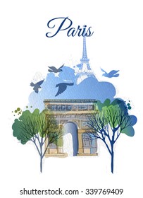 Arc de Triomph. Watercolor vector background of Paris