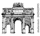 The Arc de Triomphe du Carrousel in Paris, France. Triumphal Arch of the Carousel. Historical Neoclassical architectural monument. Hand drawn linear doodle rough sketch. Black and white silhouette.