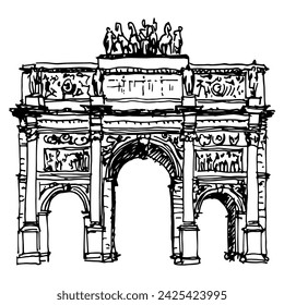 The Arc de Triomphe du Carrousel in Paris, France. Triumphal Arch of the Carousel. Historical Neoclassical architectural monument. Hand drawn linear doodle rough sketch. Black and white silhouette.