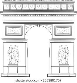 Arc de Triomphe Handdrawn Illustration - Freestyle Arc de Triomphe Paris -l France Monument-  Hand drawn vector illustration - Line art drawing in Black and White Arc de Triomphe de l'Étoile