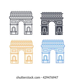 Iconos del Arco del Triunfo. Arco triunfal en cuatro estilos diferentes. Símbolo de París. Ilustración del vector