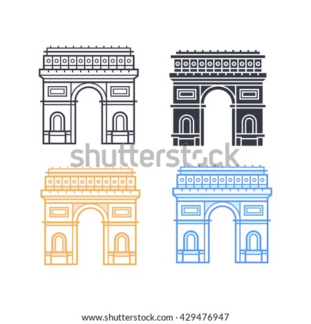 The Arc de Triomphe icons. Triumphal arch in four different styles. Symbol of Paris. Vector illustration