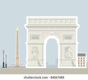 Arc de Triomphe and the Luxor Obelisk, Paris. Illustrations of the most popular tourist attractions