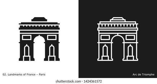 Arc de Triomphe. Outline and glyph style icons of the famous landmark from Paris.