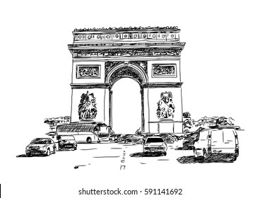 Arc De Triomphe, Paris, France. Travel Paris Icon. Vector Hand Drawn Sketch.