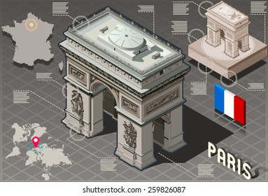 Arco de Triunfo en París Infografía isométrica. Icono isométrico 3D o elemento infográfico que representa el edificio emblemático del Arco de Triunfo de París con elementos de geolocalización. Ilustración vectorial.