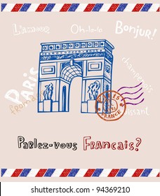 Arc de triomphe in Paris, post card in doodle style