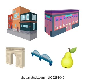 Arc de Triomphe in Paris, Reinforced bridge, cafe building, House in Scandinavian style. Architectural and building set collection icons in cartoon style vector symbol stock illustration web.