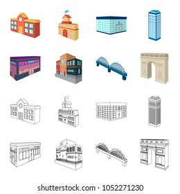 Arc de Triomphe in Paris, Reinforced bridge, cafe building, House in Scandinavian style. Architectural and building set collection icons in cartoon,outline style vector symbol stock illustration web.