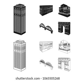 Arc de Triomphe in Paris, Reinforced bridge, cafe building, House in Scandinavian style. Architectural and building set collection icons in black,outline style vector symbol stock illustration web.
