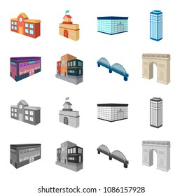 Arc de Triomphe in Paris, Reinforced bridge, cafe building, House in Scandinavian style. Architectural and building set collection icons in cartoon,monochrome style vector symbol stock illustration