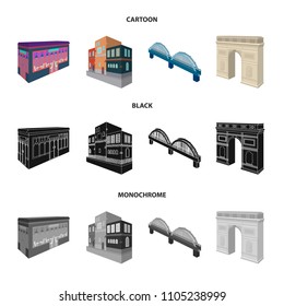 Arc de Triomphe in Paris, Reinforced bridge, cafe building, House in Scandinavian style. Architectural and building set collection icons in cartoon,black,monochrome style vector symbol stock
