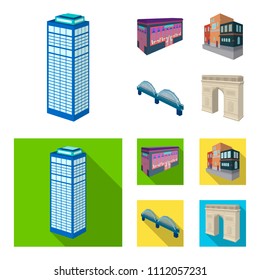 Arc de Triomphe in Paris, Reinforced bridge, cafe building, House in Scandinavian style. Architectural and building set collection icons in cartoon,flat style vector symbol stock illustration web.