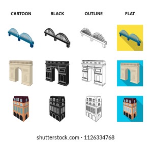 Arc de Triomphe in Paris, Reinforced bridge, cafe building, House in Scandinavian style. Architectural and building set collection icons in cartoon,black,outline,flat style vector symbol stock