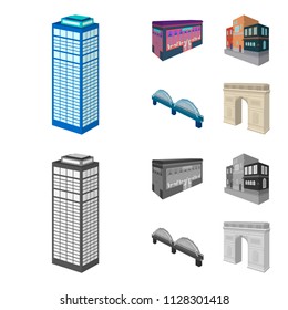 Arc de Triomphe in Paris, Reinforced bridge, cafe building, House in Scandinavian style. Architectural and building set collection icons in cartoon,monochrome style vector symbol stock illustration