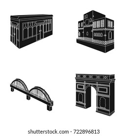 Arc de Triomphe in Paris, Reinforced bridge, cafe building, House in Scandinavian style. Architectural building set collection icons in black style vector symbol stock illustration web.
