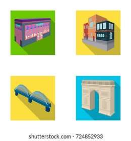 Arc de Triomphe in Paris, Reinforced bridge, cafe building, House in Scandinavian style. Architectural building set collection icons in flat style vector symbol stock illustration web.