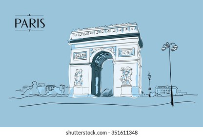 Arc De Triomphe Paris. Vector Illustration, Blue Vintage Sketch Style 