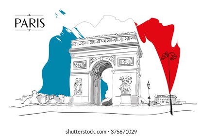 Arc De Triomphe Paris. Vector Illustration, Vintage Sketch Style 