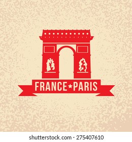 Arc de Triomphe - The symbol of France, Paris. Vintage stamp with red ribbon